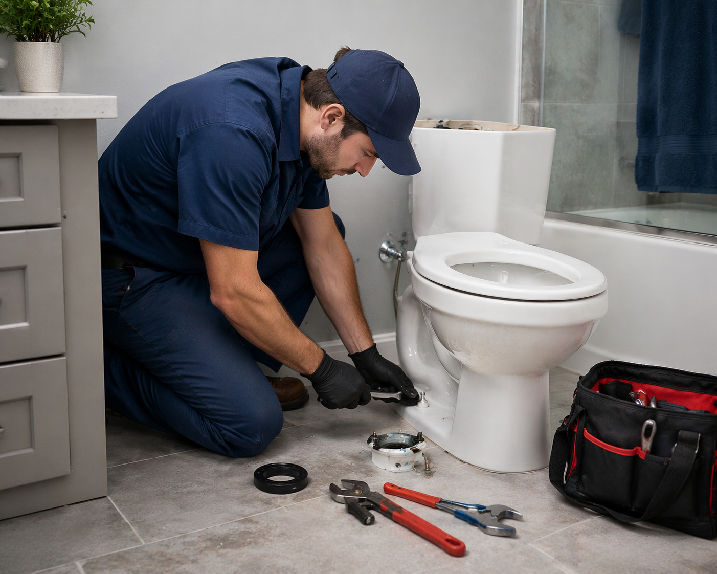 Plumber repairing a toilet in a Seymour Indiana bathroom