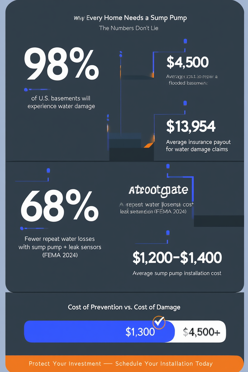 Sump pump installation statistics infographic for Seymour Indiana homeowners