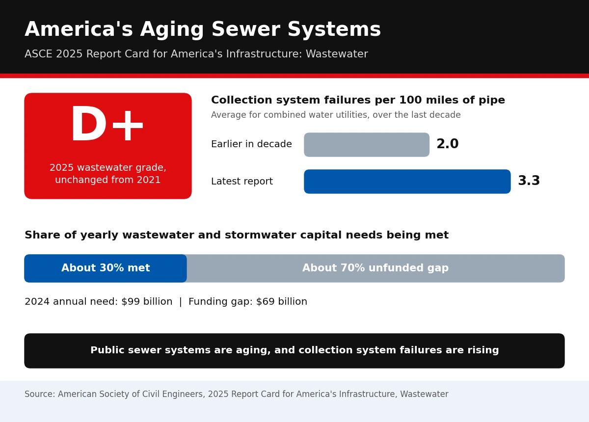 Infographic of the ASCE 2025 wastewater grade of D plus and the rise in collection system failures from 2 to 3.3 per 100 miles of pipe