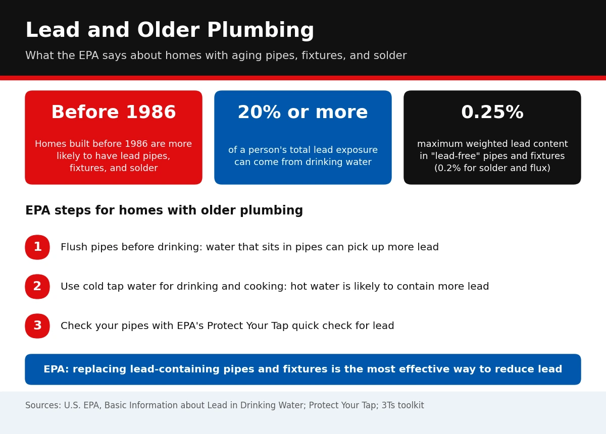 EPA facts on lead and older plumbing Infographic of EPA facts about lead in older home plumbing, including that homes built before 1986 are more likely to have lead pipes, fixtures, and solder