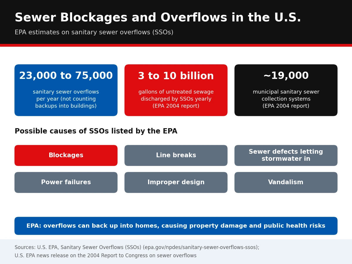 Infographic of EPA data estimating 23,000 to 75,000 sanitary sewer overflows per year in the U.S. and listing blockages as a leading cause