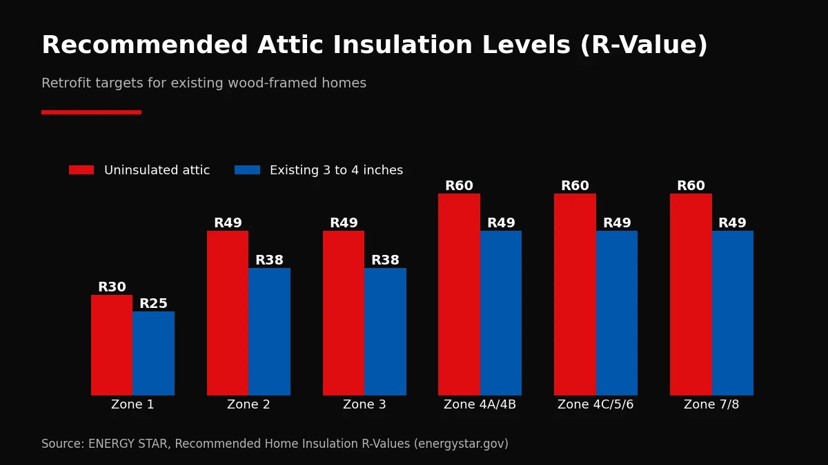 Grouped bar chart of recommended attic insulation R-values by climate zone for uninsulated and partly insulated attics