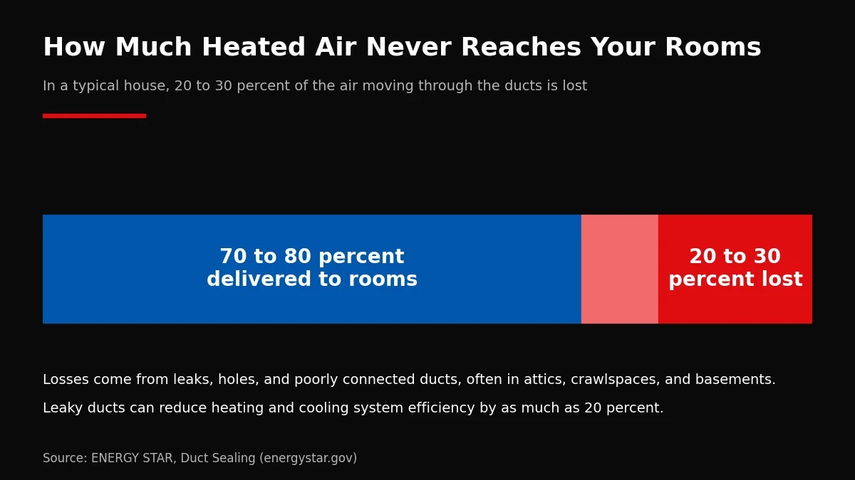 Bar graphic showing 20 to 30 percent of heated air is lost through leaky ducts in a typical house